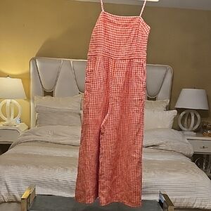 J. Crew Red and Gray Gingham Jumpsuit